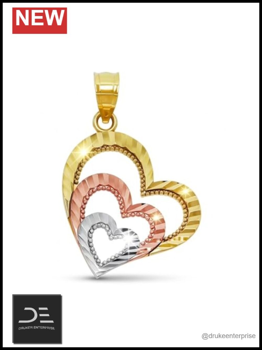 10K Gold Triple Heart Pendant Charm Diamond Cut Fine Jewelry
